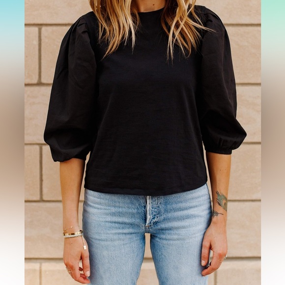 The Drop Women's Black Combined Fabric Pleated Puff-Sleeve Top sz S - Picture 6 of 9